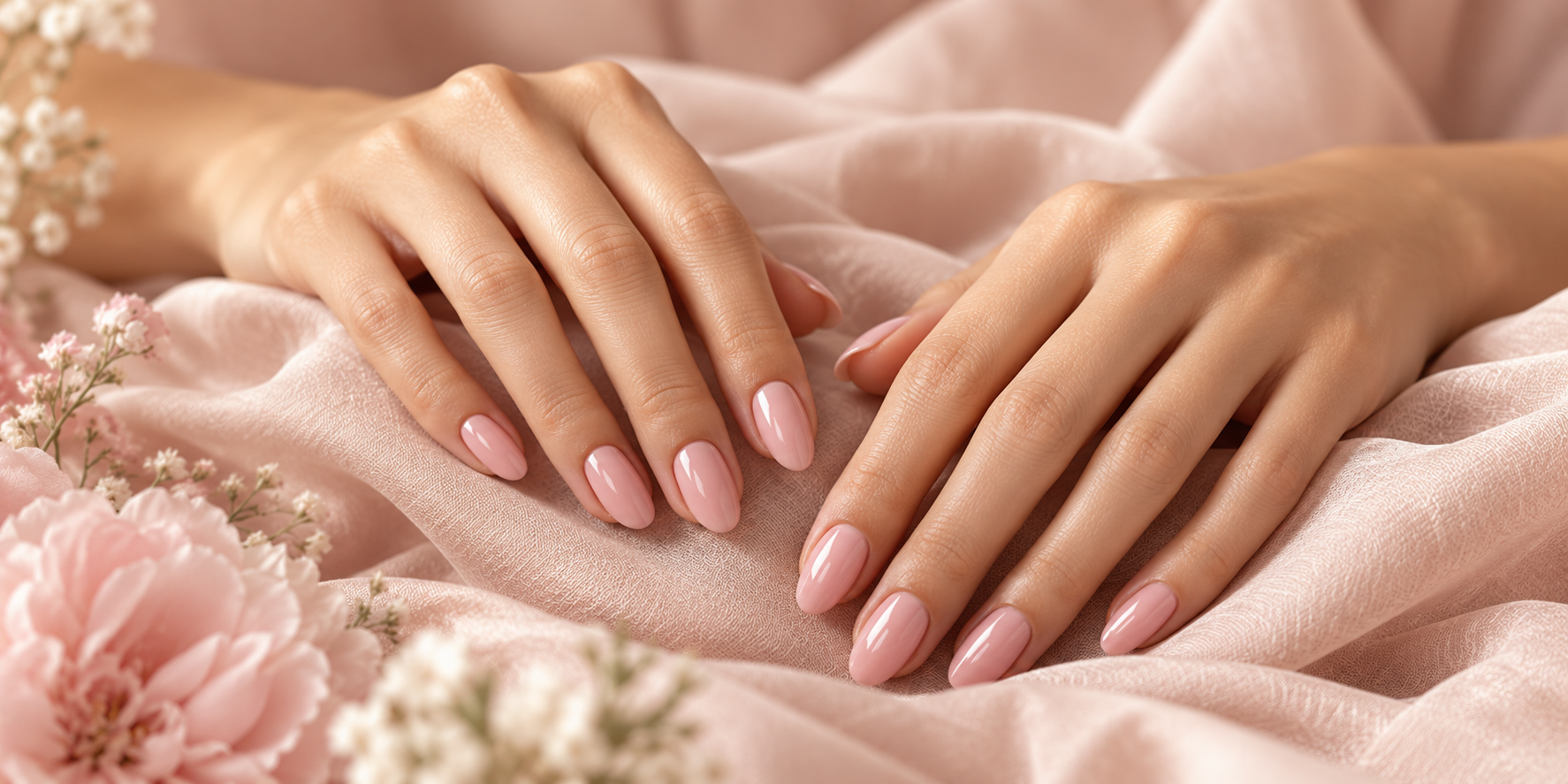 Editorial inspiration photo of hands with glossy blush-pink nails